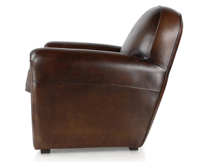 Fauteuil club cuir marron soutenu accoudoirs passepoil
