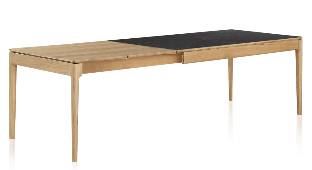 Table extensible 8 à 12 personnes en chêne et céramique allonges bois avec bois teinte naturelle et plateau céramique effet ardoise 180x100 cm