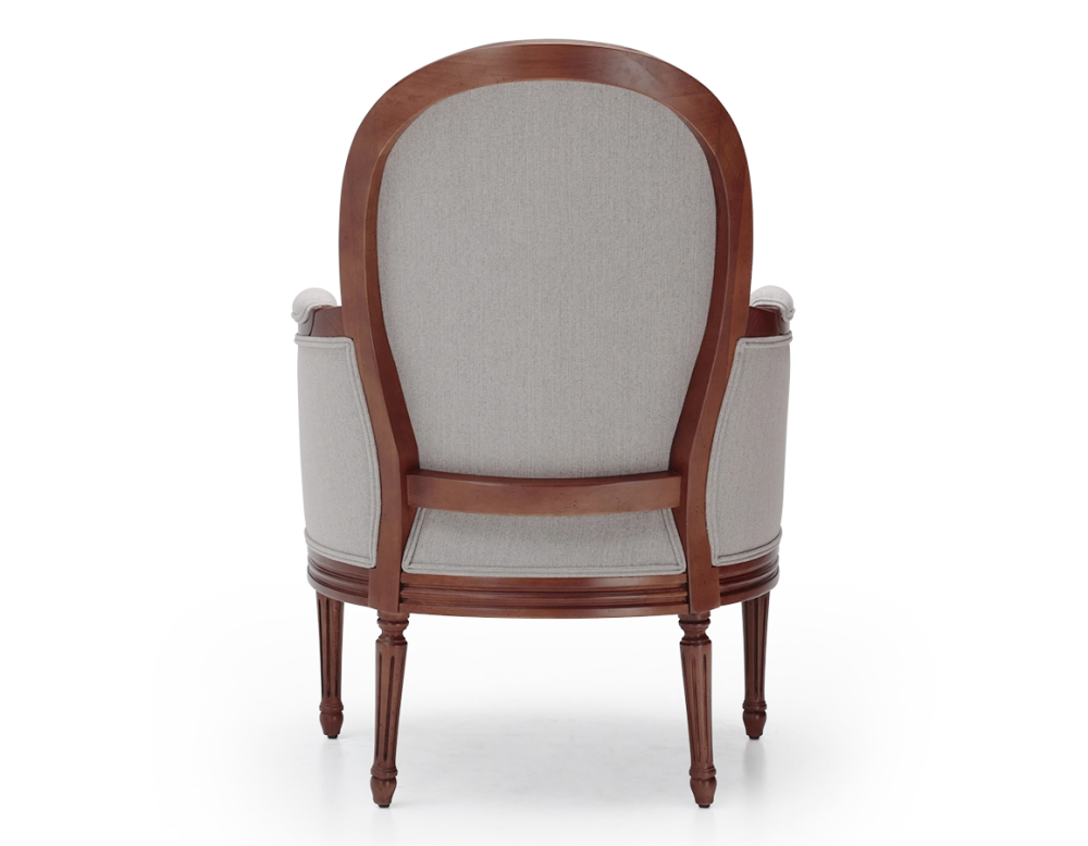 Fauteuil bergère mouluré style Louis XVI bois teinte ancienne et tissu beige naturel