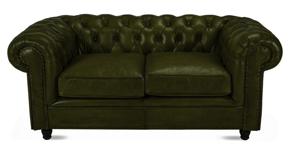 Canapé Chesterfield cuir 2 places vert olive accoudoirs cloutés