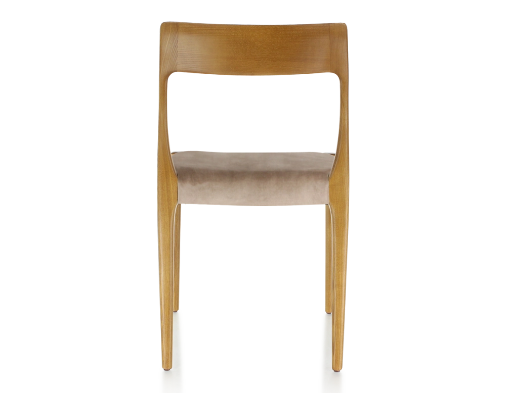 Chaise scandinave bois teinte merisier assise tissu velours taupe clair