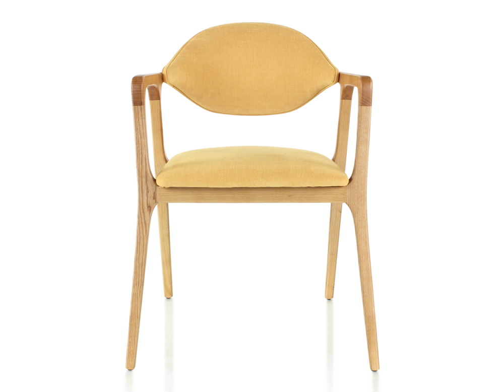 Chaise design avec accoudoirs bois teinte naturelle et tissu jaune
