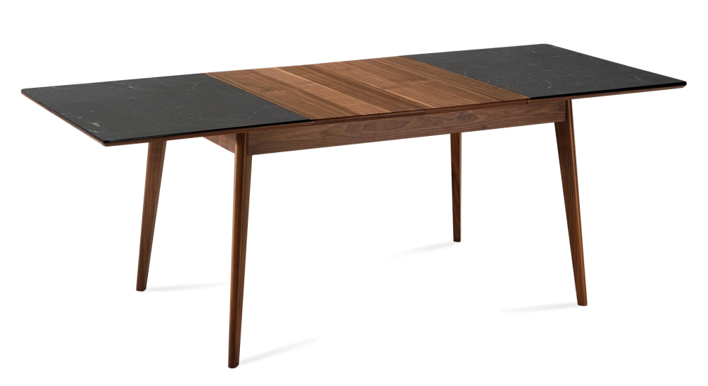 Table extensible 6 à 8 personnes en noyer et céramique allonges bois avec bois teinte naturelle et plateau céramique effet ardoise 160x100 cm