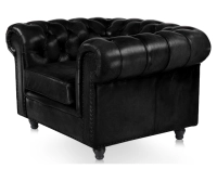 Fauteuil chesterfield cuir noir accoudoirs cloutés