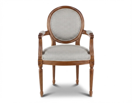 Fauteuil ancien style Louis XVI bois teinte ancienne et tissu pied de poule blanc et taupe