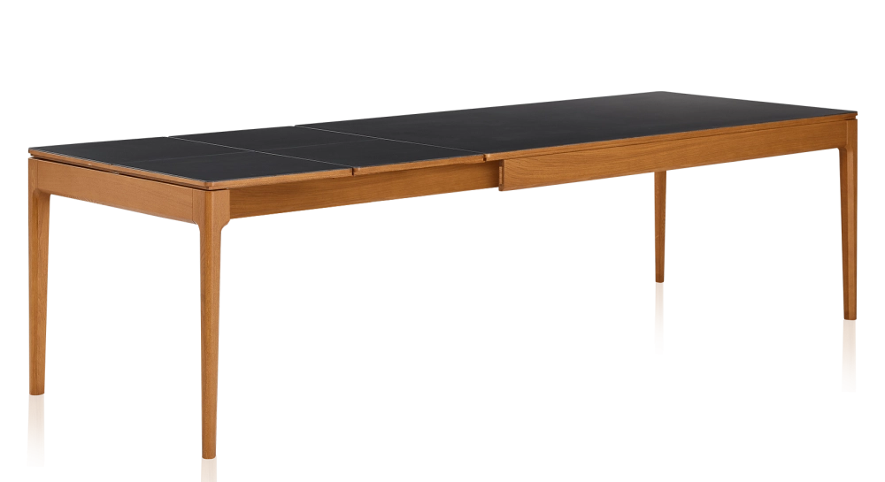 Table extensible en chêne et céramique 6 à 10 personnes allonges céramique avec bois teinte merisier et plateau et allonges céramique noire unie 140x90 cm
