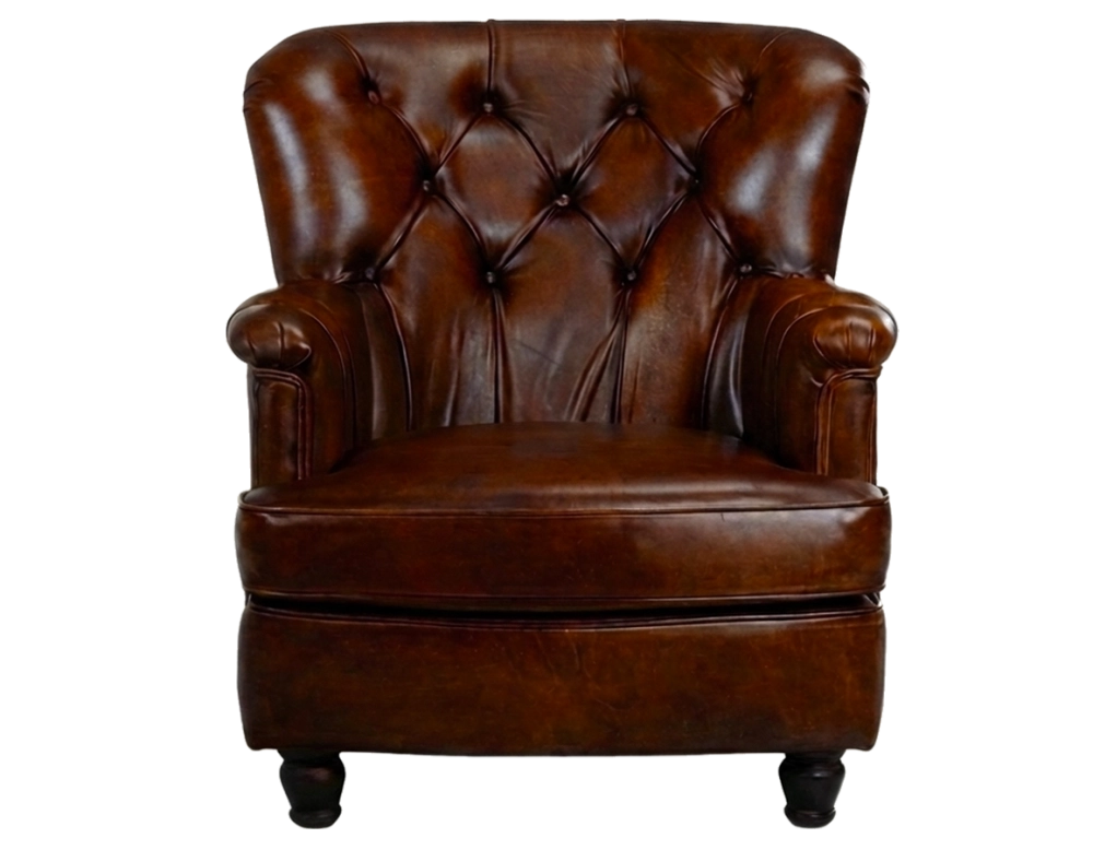 Fauteuil Chesterfield cuir marron soutenu moyen dossier