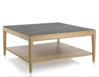 Square coffee table in oak and ceramic with shelf in natural stained wood, black marble effect ceramic top 100x100 cm