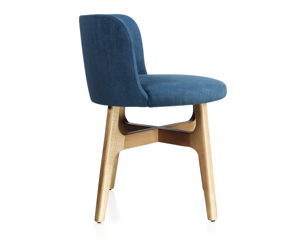 Designer chair natural tint wood, denim blue fabric seat