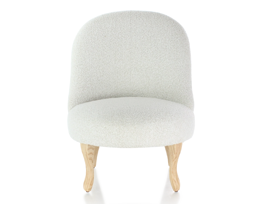 Armless toad chair natural tint wooden legs and white looped fabric