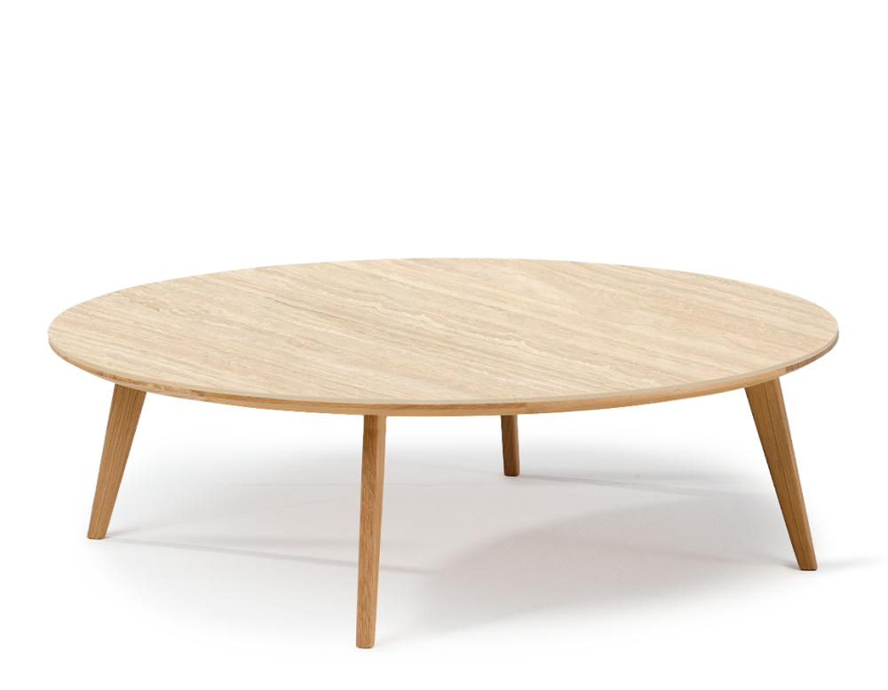 Round coffee table F1 in oak and ceramic natural wood finish with ceramic top in travertine stone effect. 90x90x30 cm