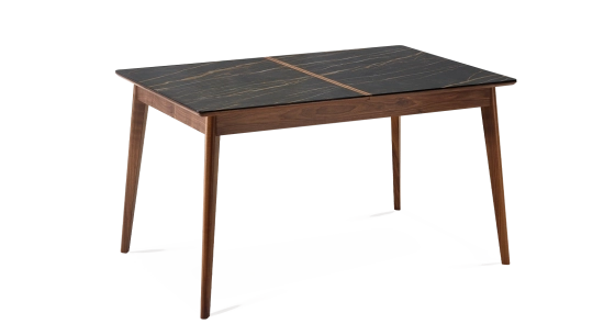 Table extensible 6 à 8 personnes en noyer et céramique allonges bois avec bois teinte naturelle et plateau céramique effet marbre noir 140x90 cm