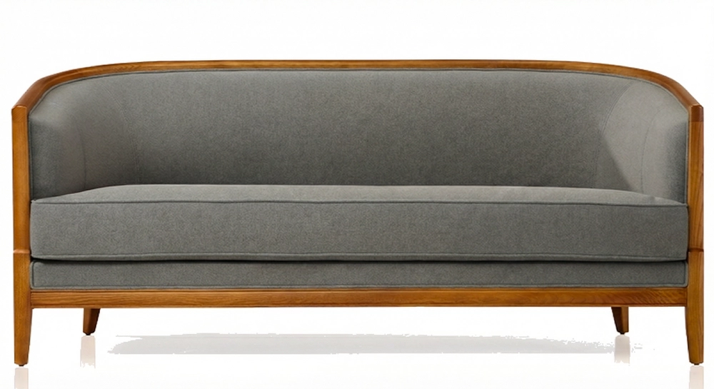Canapé ancien 3 places bois teinte merisier et tissu gris clair
