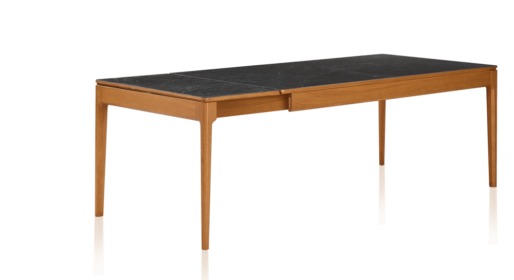 Table extensible 6 à 10 personnes en chêne et céramique allonges céramique avec bois teinte merisier et plateau et allonges céramique effet ardoise 160x100 cm
