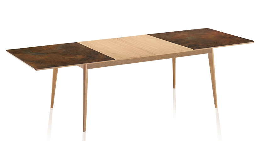 Extendable table for 8 to 12 people in oak and ceramic with wooden extensions with natural stained wood and oxidised brown ceramic top 180x100 cm