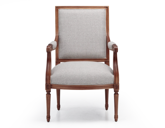 Fauteuil ancien style Louis XVI bois teinte ancienne et tissu pied de poule blanc et taupe