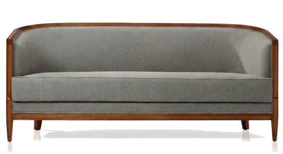 Canapé ancien 3 places accoudoirs moulurés bois teinte ancienne et tissu gris clair
