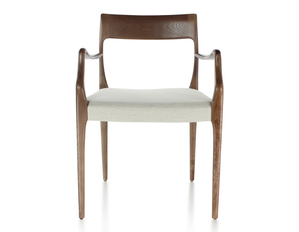 Scandinavian armchair with armrests wood stained dark brown seat natural beige fabric