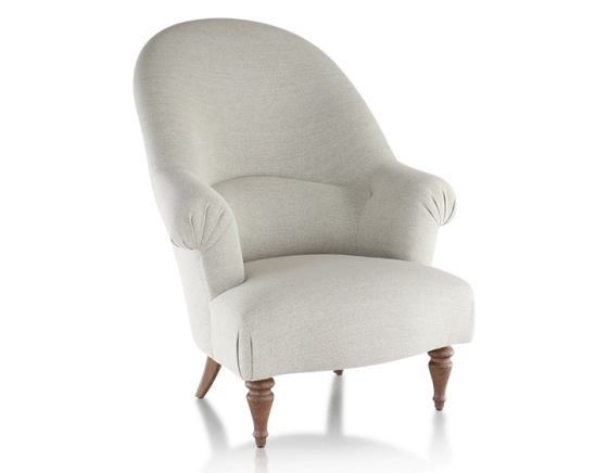 Fauteuil crapaud avec accoudoirs pieds bois teinte noyer et tissu beige naturel haut dossier