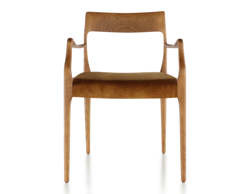 Chaise scandinave avec accoudoirs bois teinte merisier assise tissu velours bronze