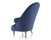 Fauteuil crapaud avec accoudoirs pieds bois teinte noyer et tissu bleu marine haut dossier