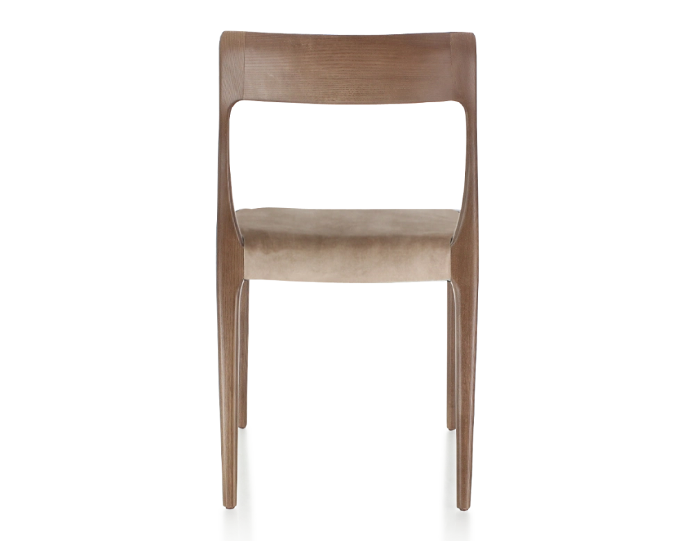 Scandinavian chair dark brown stained wood, light taupe velvet seat