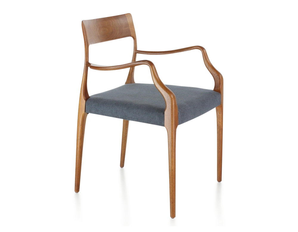 Scandinavian armchair with armrests cherry-stained wood, grey fabric seat