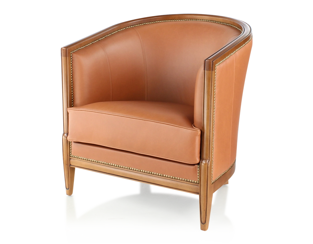 Fauteuil ancien accoudoirs moulurés bois teinte ancienne et cuir caramel