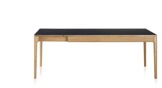 Table extensible en chêne et céramique 6 à 10 personnes allonges céramique avec bois teinte naturelle et plateau et allonges céramique noire unie 140x90 cm