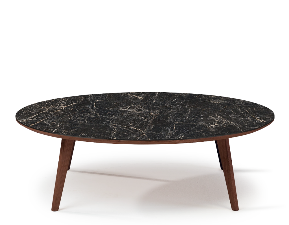 Table basse ronde F1 en chêne et céramique bois teinte marron foncé plateau céramique effet marbre noir 120x120x40 cm