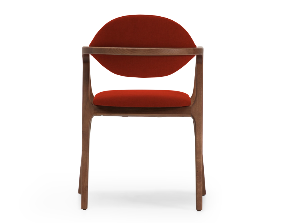 Designer armchair dark brown stained wood and burnt orange fabric