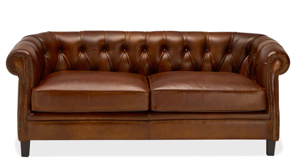 Canapé Chesterfield cuir 2 places marron vintage accoudoirs cloutés