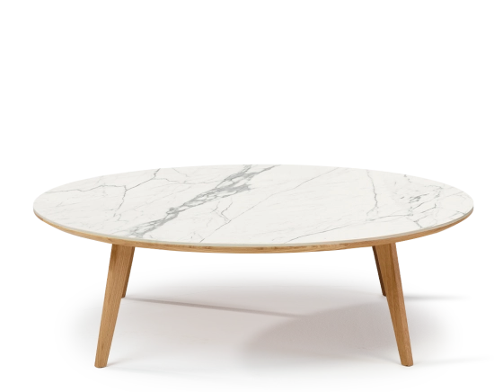 Table basse ronde F1 en chêne et céramique bois teinte naturelle plateau céramique effet marbre blanc 100x100x30 cm