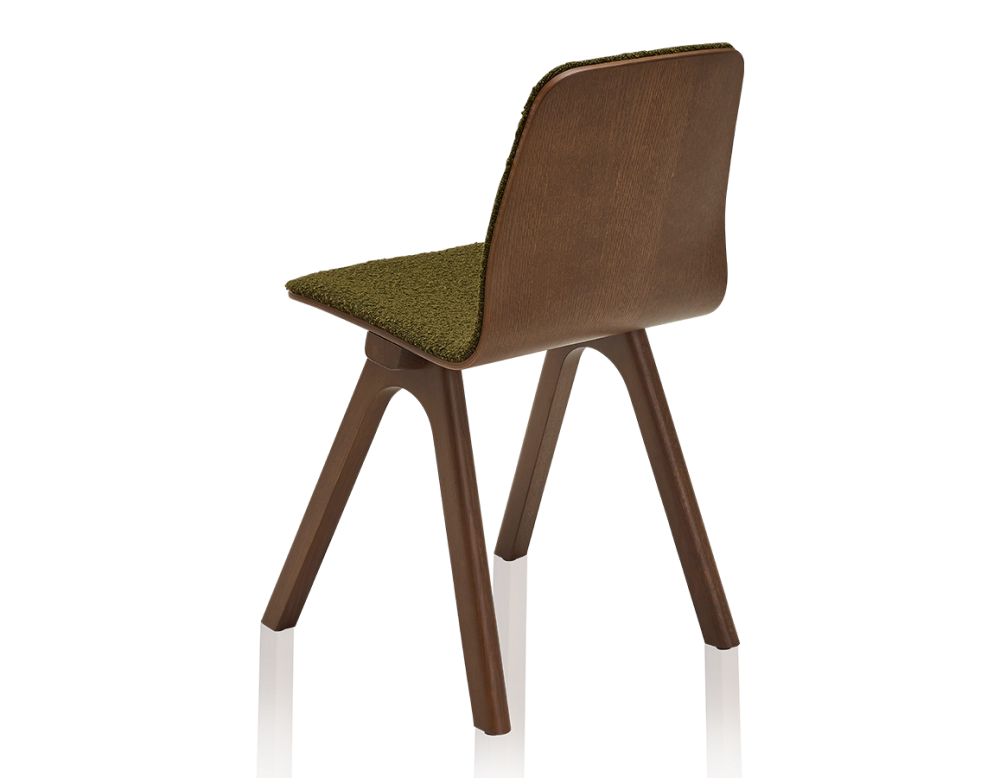 Chaise design en chêne tapissé bois teinte marron foncé assise tissu bouclé vert