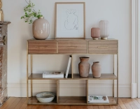 Console design natural tint walnut and brass patina metal