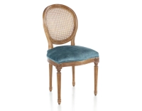 Chaise ancienne style Louis XVI bois teinte ancienne dossier canné assise tissu velours bleu pétrole