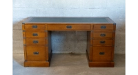 Bureau marine double caissons 9 tiroirs bois teinte merisier et cuir vert