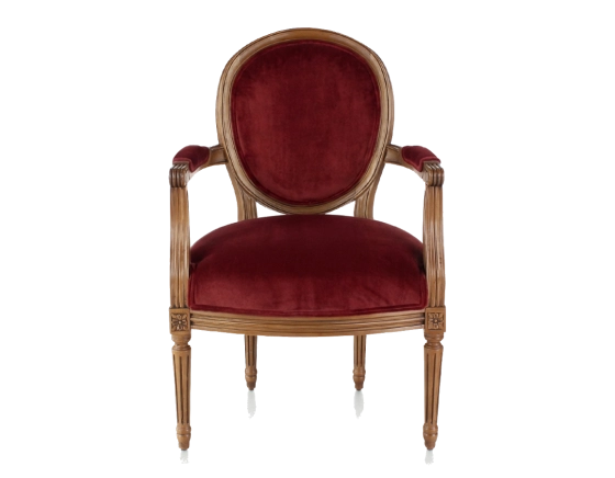 Fauteuil ancien style Louis XVI bois teinte ancienne et tissu bordeaux