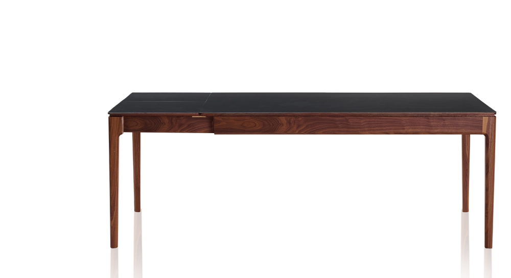Table extensible en noyer et céramique 6 à 10 personnes allonges céramique avec bois teinte naturelle et plateau et allonges céramique noire unie 140x90 cm