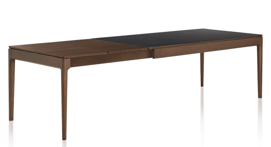 Table extensible 6 à 10 personnes en chêne et céramique allonges bois avec bois teinte marron foncé et plateau céramique noir unie 160x100 cm