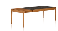 Extendable table for 8 to 12 people in oak and ceramic with wooden extensions with cherry-stained wood and black marble-effect ceramic top 180x100 cm