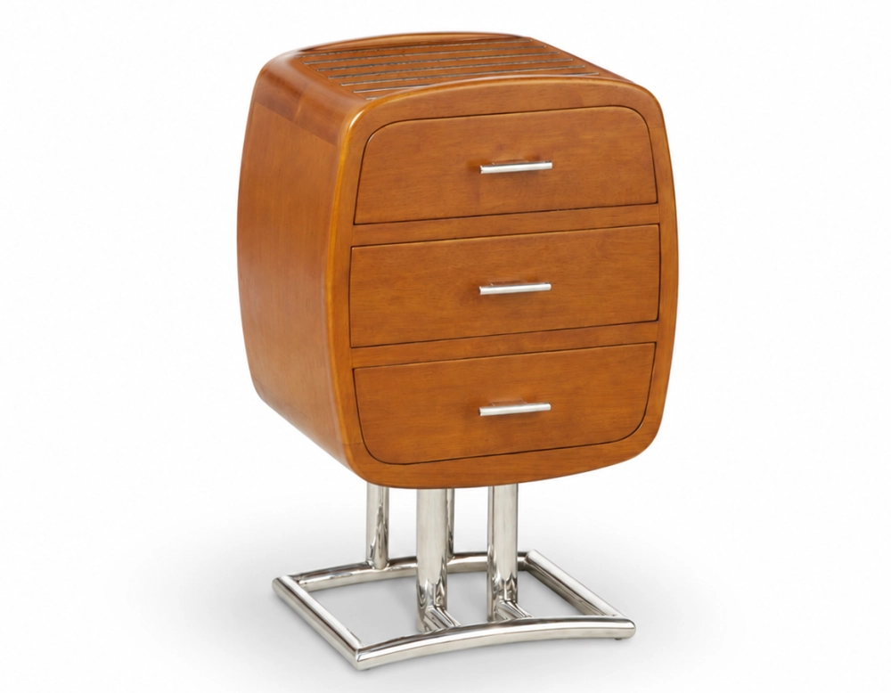 Table de chevet art déco métal et bois teinte merisier