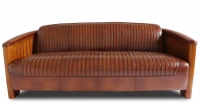 Canapé club bois et cuir 3 places marron vintage