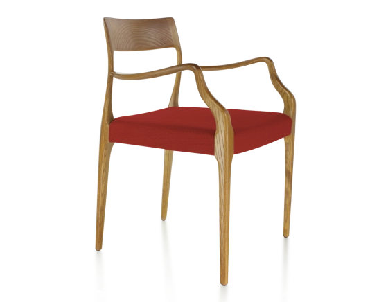 Silla escandinava con reposabrazos madera tinte cerezo asiento tejido burdeos