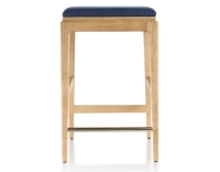 H60 cm designer bar stool natural tint wood, navy blue fabric seat