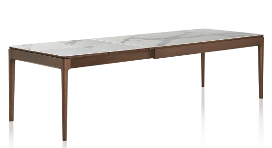 Table extensible 6 à 10 personnes en chêne et céramique allonges céramique avec bois teinte marron foncé et plateau et allonges céramique effet marbre blanc 160x100 cm