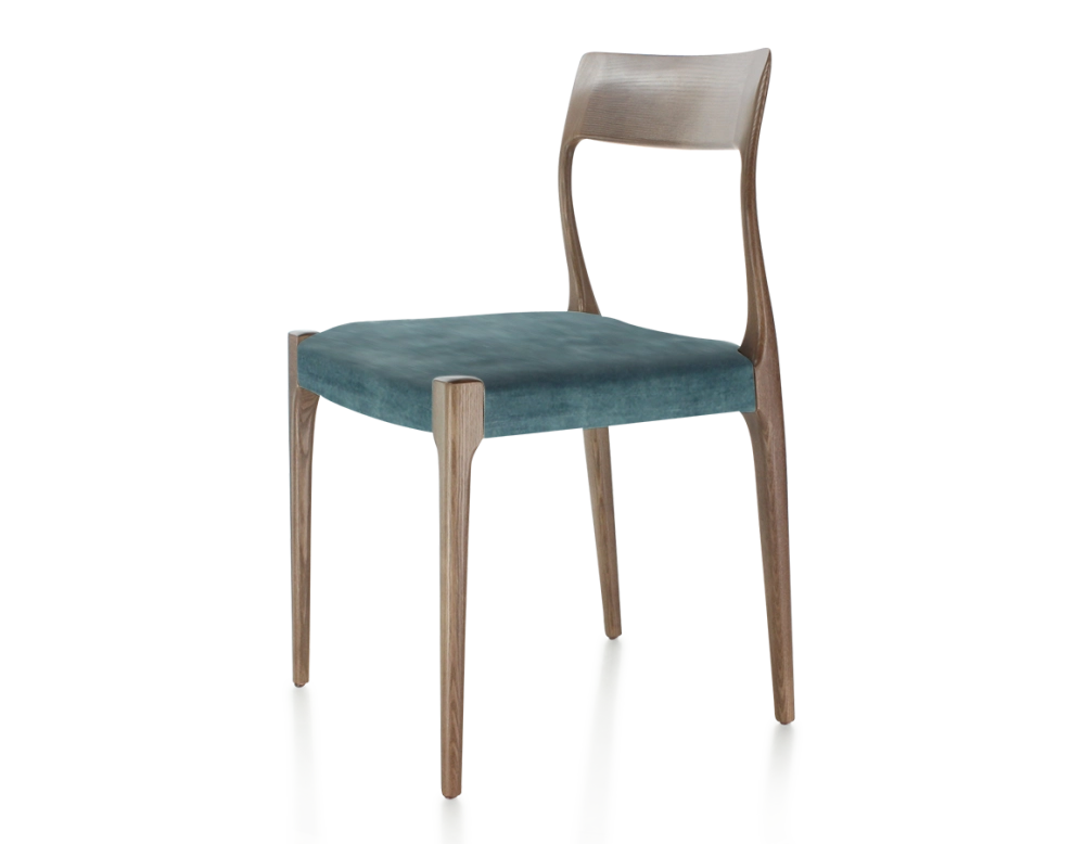 Silla escandinava madera tintada marrón oscuro asiento tejido terciopelo azul petróleo
