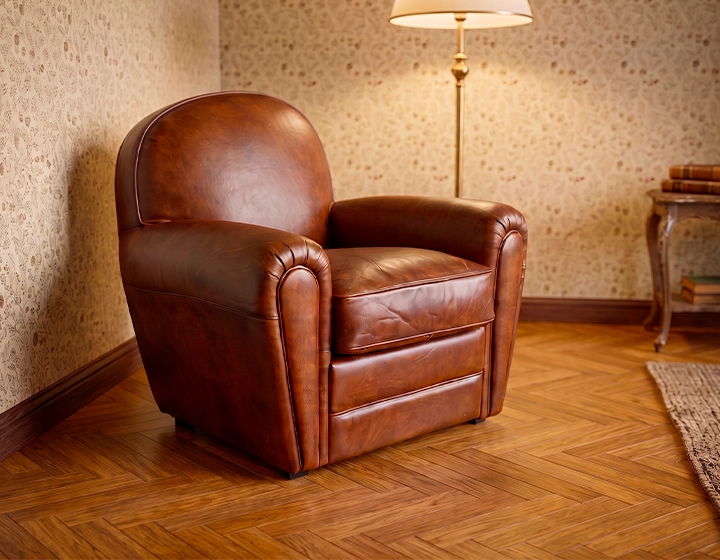 Fauteuil club cuir marron vintage accoudoirs passepoil