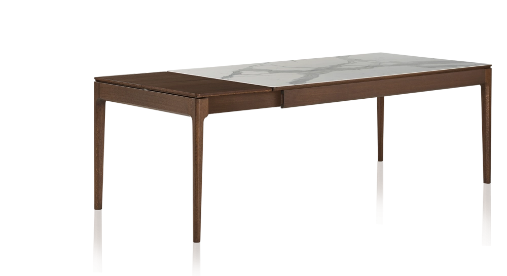 Table extensible 6 à 10 personnes en chêne et céramique allonges bois avec bois teinte marron foncé et plateau céramique effet marbre blanc 140x90 cm
