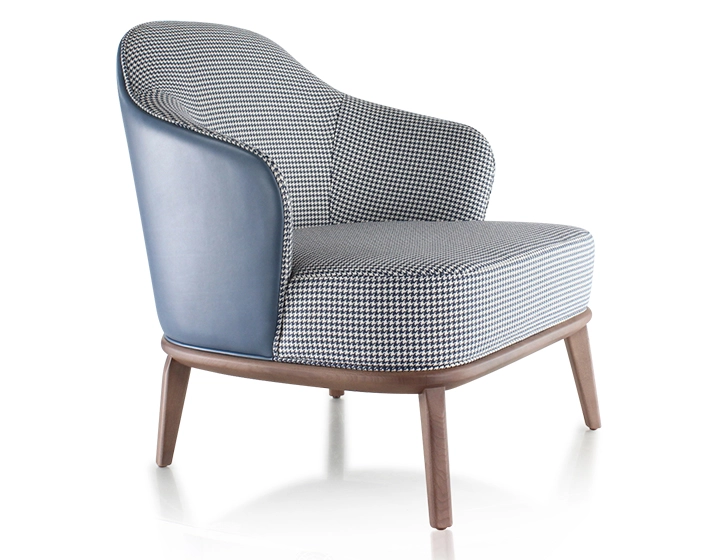 Fauteuil design cuir bleu orage et tissu pied-de-poule bleu et blanc
